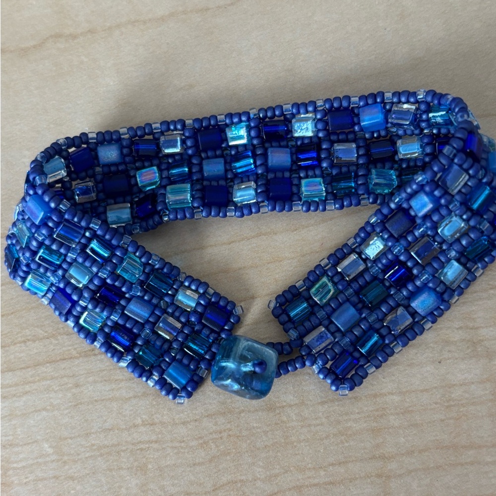 Royal  Blue Beaded Bracelet with Bead and Loop Closure -Fits 7 in Wrist